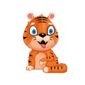Cute friendly tiger cub with tongue. In cartoon style on a white background. Vector illustration Royalty Free Stock Photo