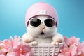 Cute and friendly white rabbit with big eyes and glasses riding a bicycle food delivery concept