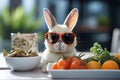 Cute and friendly white rabbit riding a bicycle with big eyes and glasses, food delivery concept