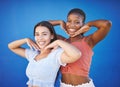 Cute friends happy in studio, women model fashion together on blue background and enjoy summer with portrait. Friendship Royalty Free Stock Photo