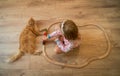 Cute friends. Little child girl and cat laid on a warm wooden floor and playing wooden toy train. Toning instagram Royalty Free Stock Photo