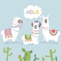 Cute friends mexican white alpaca llamas with cactuses Royalty Free Stock Photo