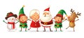 Cute friends Santa Claus, Mrs Claus, Elfs girl and boy, Reindeer and Snowman celebrate Christmas holidays - vector illustration is