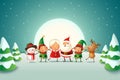 Cute friends Santa Claus, Mrs Claus, Elve girl and boy, Reindeer and Snowman celebrate Christmas holidays - vector illustration on Royalty Free Stock Photo