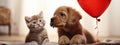 Cute friendship between puppy and kitten, balloon in shape of heart.Generative AI