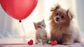 Cute friendship between puppy and kitten, balloon in shape of heart.Generative AI