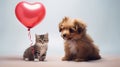 Cute friendship between puppy and kitten, balloon in shape of heart.Generative AI