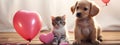 Cute friendship between puppy and kitten, balloon in shape of heart.Generative AI