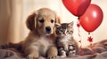 Cute friendship between puppy and kitten, balloon in shape of heart.Generative AI