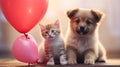 Cute friendship between puppy and kitten, balloon in shape of heart.Generative AI