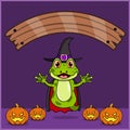 Cute Frog Animal Wearing Vampire Halloween Custome, With Blank Space Banner, Pumpkins And Flying Position.
