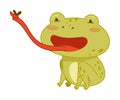 Cute frog catching fly with tongue. Green funny amphibian toad character cartoon vector illustration Royalty Free Stock Photo