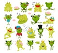 Cute frog characters set. Adorable funny little frog jumping, croaking, catching flies and sleeping cartoon vector