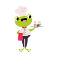 Cute Frog Chef Character in Toque Serve Eggs on Tray Vector Illustration