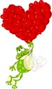 Cute frog flying with heart balloons