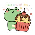 Cute frog hold cherry cup cake cartoon with have a sweet day text Royalty Free Stock Photo