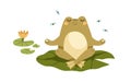 Cute frog in meditation pose. Funny foggy relaxing on leaf in zen yoga position. Happy baby animal character meditating