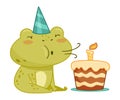 Cute frog in party hat blowing candle on birthday cake. Green funny amphibian toad character cartoon vector illustration Royalty Free Stock Photo