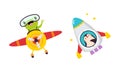 Cute Frog and Penguin Animal Flying on Airplane with Propeller and Rocket Vector Set