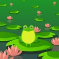 Cute frog in pond, sitting on leaf of water lily, vector illustration Royalty Free Stock Photo