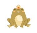 Cute frog princess with crown. Happy girl froggy. Funny amphibian animal. Adorable amusing toad. Lovely sweet magic