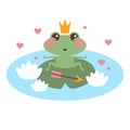 Cute frog princess in love with crown and arrow vector illustration for kids. Princess frog with arrow on lake Royalty Free Stock Photo