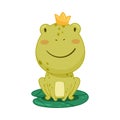 Cute frog princess sitting on lotus leaf in pond. Green funny amphibian toad character cartoon vector illustration Royalty Free Stock Photo