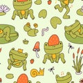 Cute frog seamless pattern. Sweet doodle toads with mushrooms, dragonflies and water lilies. Royalty Free Stock Photo
