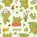 Cute frog seamless pattern. Sweet doodle toads with mushrooms, dragonflies and water lilies. Royalty Free Stock Photo