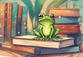 cute frog setting on books watercolor Illustrator