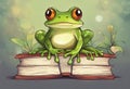 cute frog setting on books watercolor illustrator