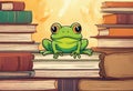 cute frog setting on books watercolor illustrator
