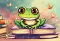 cute frog setting on books watercolor illustrator