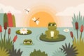 Cute Frog siiting on leaf in pond. Autumn landscape with Funny toads, foliage, reed, lotus, flying insects, wildlife. Cartoon