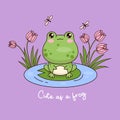 Cute frog sits on leaf in water with flowers and flies. Animal kawaii character. Vector illustration. Cool card with Royalty Free Stock Photo