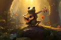 Cute frog is sitting on a fallen branch in the woods and playing a guitar