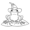 Cute frog sitting on water lily. Funny froggy in witch pointed hat. Outline toad with flower. Wild amphibian, wetland