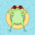 Cute frog swimming in a pool with a rubber ring, top view. Fun toad in sunglasses on a summer day. Flat vector art Royalty Free Stock Photo