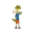 Cute Frog Tennis Player, Humanized Animal Cartoon Character Wearing Sports Uniform Standing with Racket Vector