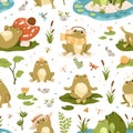 Cute frog and toad characters pattern. Seamless kids background with funny amphibian animals in pond, nature. Repeating Royalty Free Stock Photo