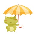 Cute frog walking with umbrella. Green funny amphibian toad character cartoon vector illustration