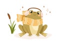 Cute frog in warm scarf and headphones. Funny froggy listening to music. Adorable kawaii baby animal, amphibian