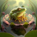 Generative AI: cute frog on a waterlilly in a pond with flowers Royalty Free Stock Photo