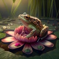 Generative AI: cute frog on a waterlilly in a pond with flowers Royalty Free Stock Photo