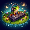 A cute froggy play as DJ, with lily pad booth amd water drop, glowing fireflies, mushrooms arounds, cartoon, digital art