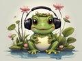 Adorable froggy wearing headphone, pose in cute with dragonflies, water lilies, at a pond, water, cartoon, disney style