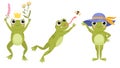 Cute frogs, cartoon funny froggy, green amphibians