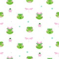 Cute frogs and dragonfly seamless vector pattern.