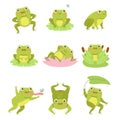 Cute frogs. Lotus flowers and funny cartoon toad character, different poses aquatic reptile, wild fauna, happy frogling