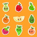 Cute fruit characters. Vector sticker set